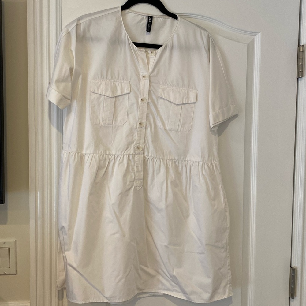 Zara woman’s white poplin cotton summer dress mini Sz L
